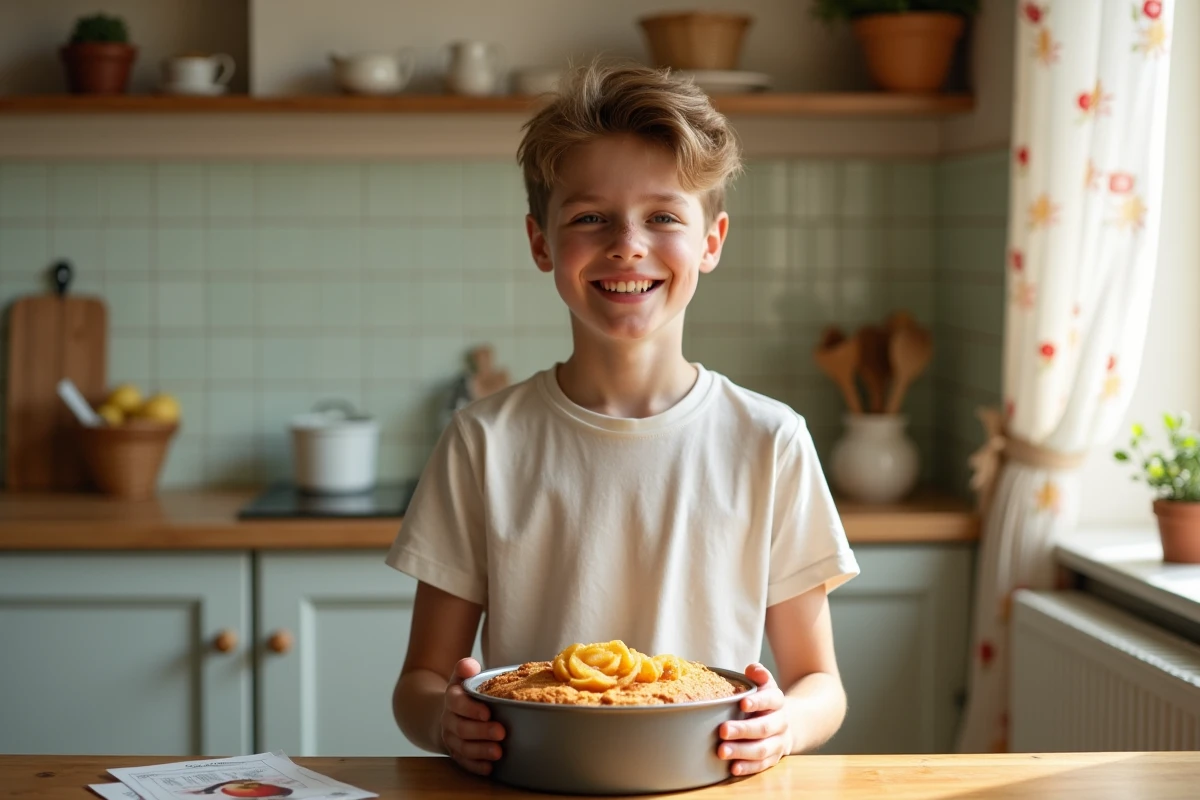 Adolescent tenant un gâteau au yogourt et pommes doré