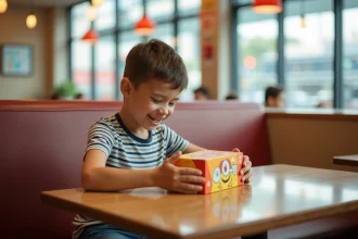 Garçon souriant compare un repas pour enfant dans un restaurant