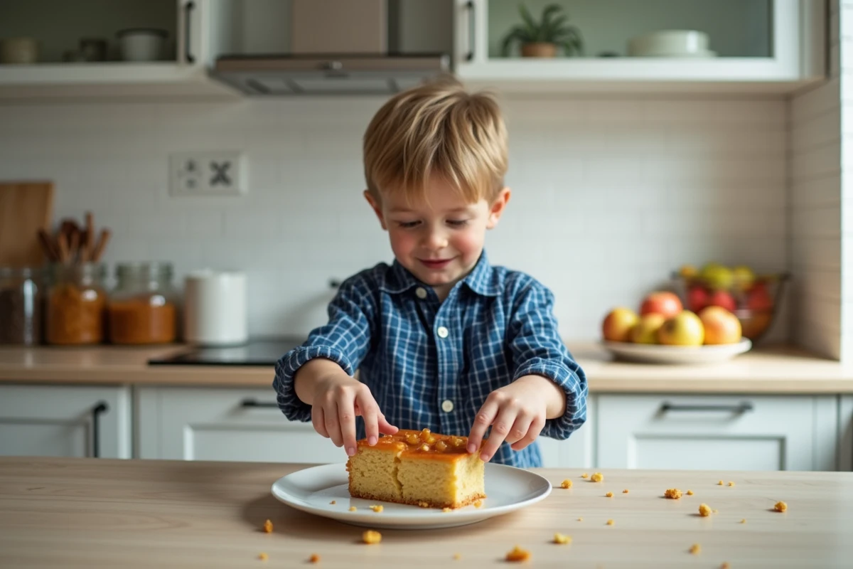 Jeune garçon coupant un morceau de gâteau à la compote de pommes dans une cuisine moderne