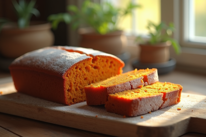 Gâteau aux carottes tranché sur table en bois rustique