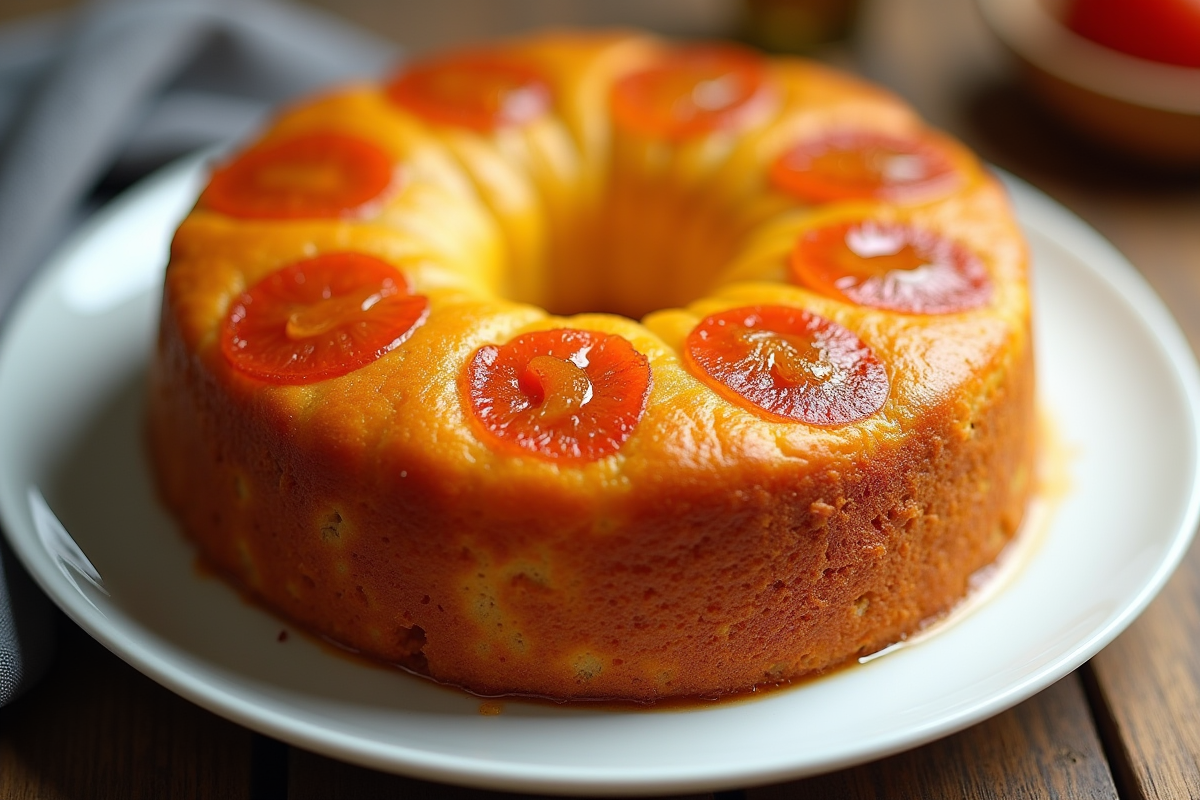 Gâteau au chorizo entier sur assiette blanche en cuisine