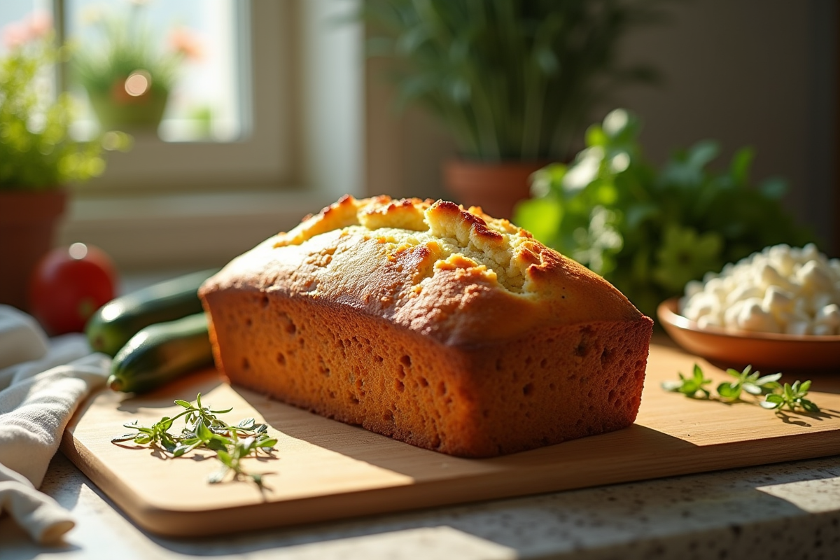 Gâteau courgette feta entier sur plan de cuisine avec ingrédients