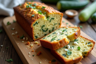 Tranche de gâteau courgette feta sur planche en bois