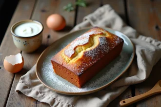 Gâteau au yaourt moelleux façon grand-mère posé sur une table en bois rustique avec un pot de yaourt et des œufs
