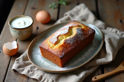 Gâteau au yaourt moelleux façon grand-mère posé sur une table en bois rustique avec un pot de yaourt et des œufs