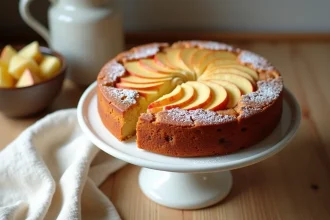 Gâteau au yaourt pomme façon Cyril Lignac posé sur un présentoir en céramique blanche, avec des tranches de pomme sur le dessus et une tranche révélant un cœur moelleux