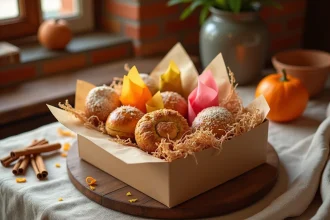Assortiment de gâteaux espagnols polvorones et mantecados présentés dans une boîte cadeau kraft ouverte sur une table en bois rustique