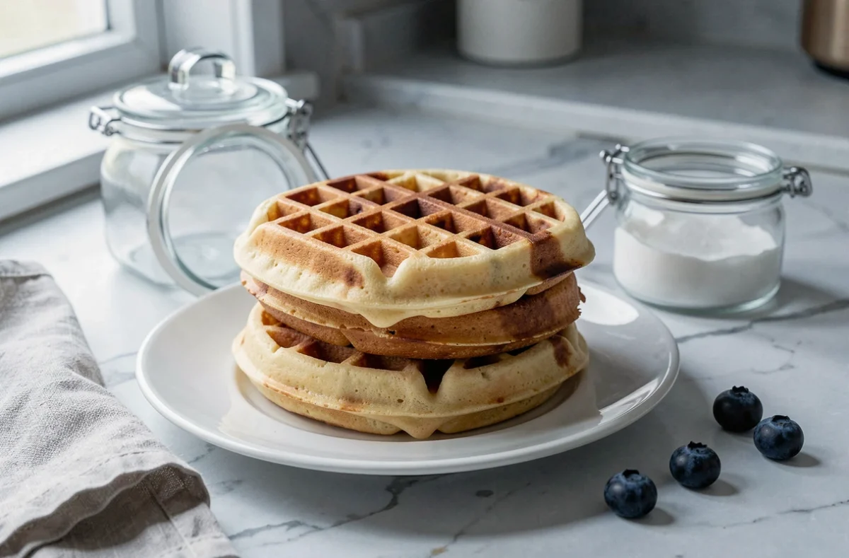 Pile de gaufres ramollies sur assiette blanche avec contenant de conservation ouvert