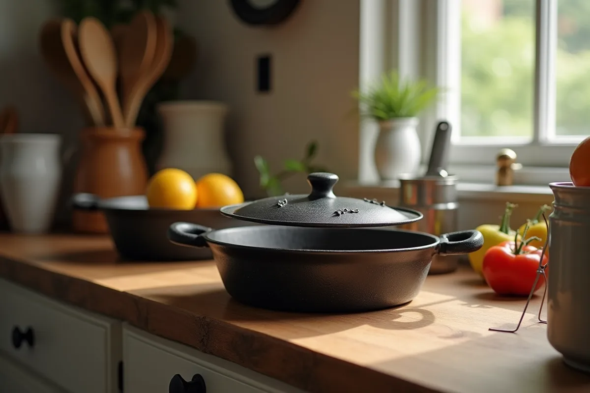 Poêle en fonte sur une cuisinière avec des aliments cuisinés