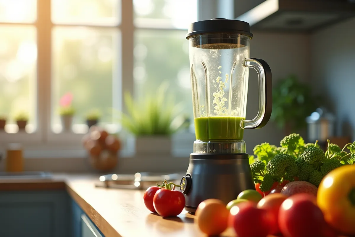 Blender chauffant en action avec des ingrédients frais dans un bol