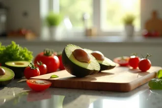 Avocat sur une planche en bois avec des tranches et des feuilles vertes