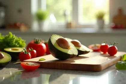 Avocat sur une planche en bois avec des tranches et des feuilles vertes