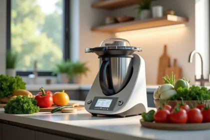 Thermomix en cuisine avec divers ingrédients et accessoires