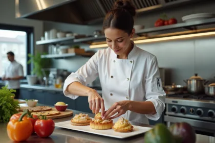 Noémie Honiat en pleine préparation culinaire dans son restaurant