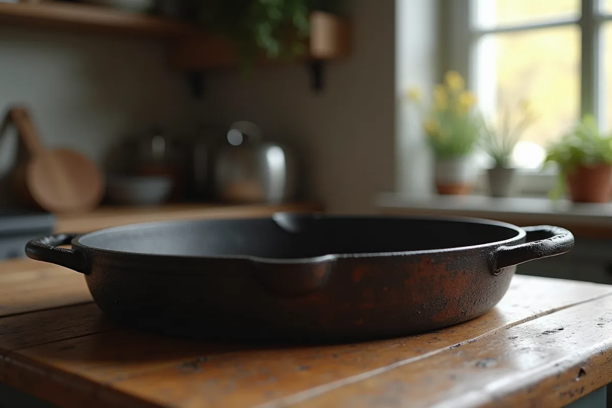 Poêle en fonte avec signes d'usure et de rouille