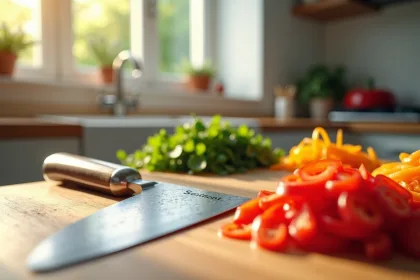 Couteau santoku avec une lame aiguisée à 15 degrés sur une planche à découper