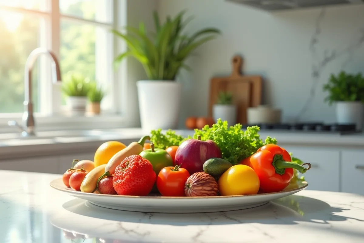 Collations à zéro calorie sur une table avec fruits et légumes frais