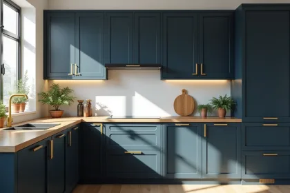 Armoires de cuisine beige avec des accents de bleu nuit et vert forêt