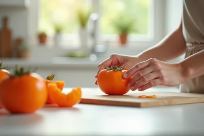 Kaki frais sur une table avec des conseils de consommation sécurisée