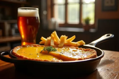 Plat de welsh traditionnel avec fromage fondu et bière brune