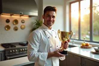 Portrait d'un chef étoilé dans son restaurant prestigieux