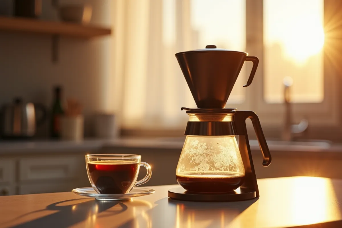 Cafetière Bodum avec café fraîchement préparé sur une table en bois