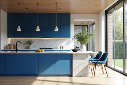 Cuisine moderne avec des murs en couleur pistache et bleu orage