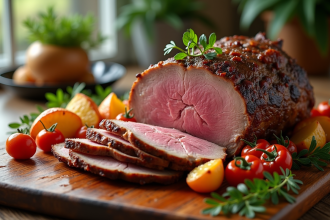 Gigot d'agneau rôti tranché sur une table en bois rustique
