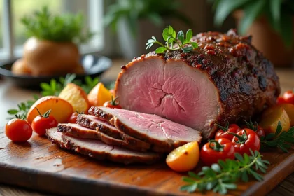 Gigot d'agneau rôti tranché sur une table en bois rustique