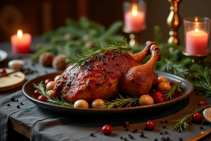 Gigot de chevreuil rôti sur un plat de service ovale, garni de romarin frais et d'ail rôti, présenté sur une table de Noël festive avec décorations en pin et bougies en laiton