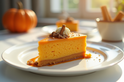 Dessert gourmet au potiron élégamment présenté sur une table blanche