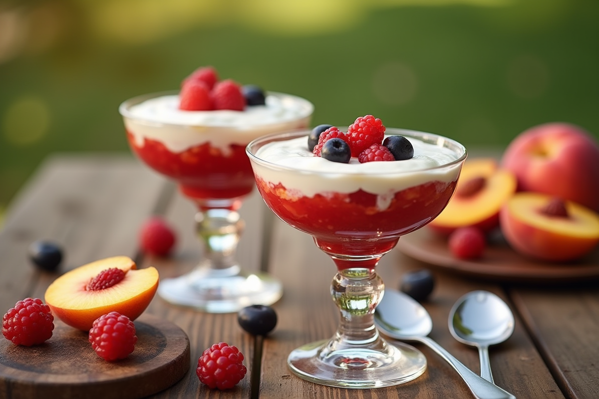 Dessert en plein air avec fruits et crème sur une table en bois
