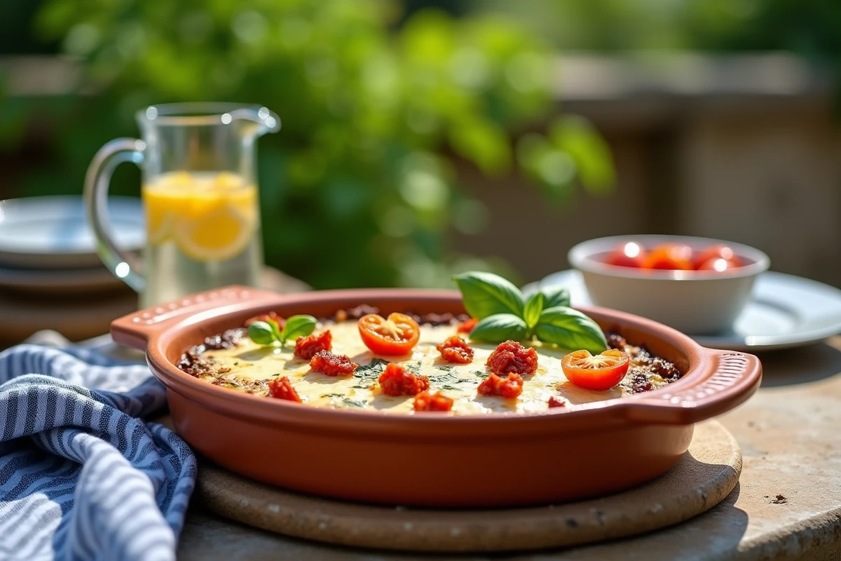Gratin d'aubergines au fromage fondu dans un plat en terre cuite posé sur une table en pierre dans un jardin méditerranéen