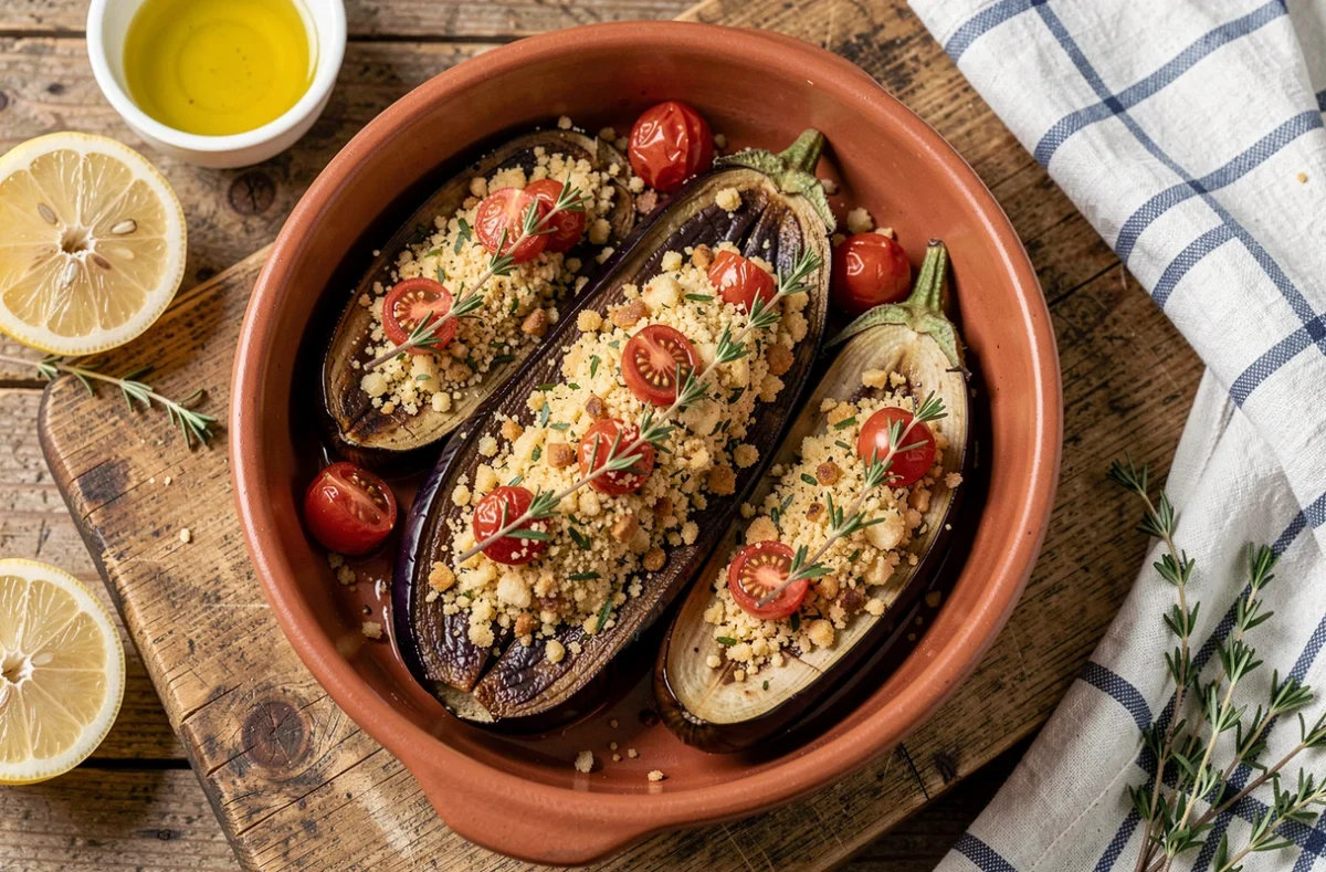 Vue de dessus d'un gratin d'aubergines aux tomates cerises et chapelure dorée dans un plat en terre cuite rustique