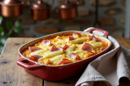 Gratin d'endives au jambon dans un plat en céramique rustique avec sauce béchamel et gruyère fondu doré