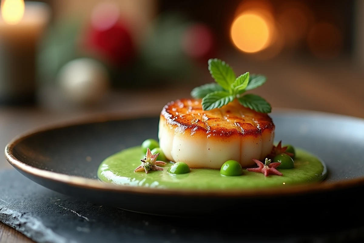 Gros plan d'une coquille Saint-Jacques poêlée sur purée de petits pois à la menthe, accompagnement festif pour menu de réveillon élégant