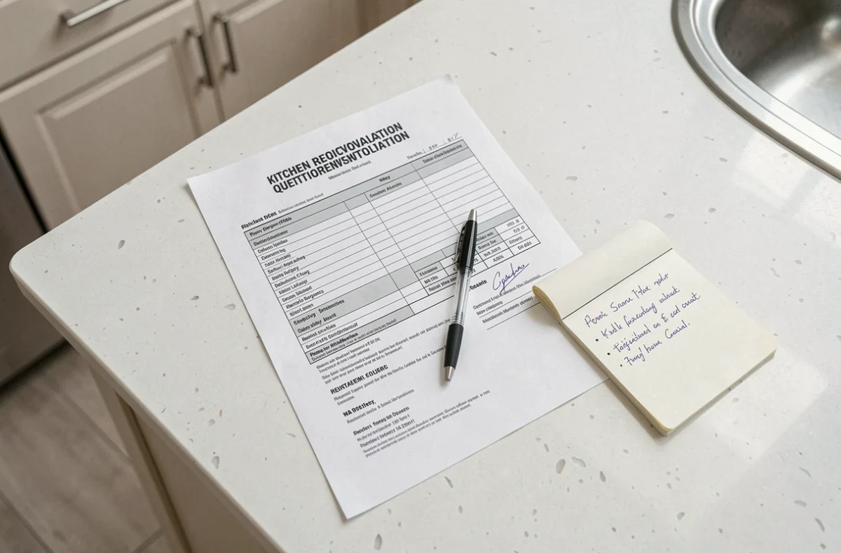 Gros plan d'un devis de cuisine Tyko posé sur un plan de travail en quartz avec annotations manuscrites
