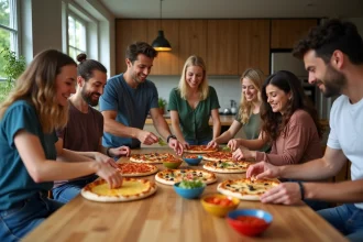 Groupe d'amis préparant des pizzas dans une cuisine chaleureuse