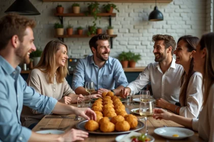 Groupe d'amis autour d'une table avec beignets d'aubergine