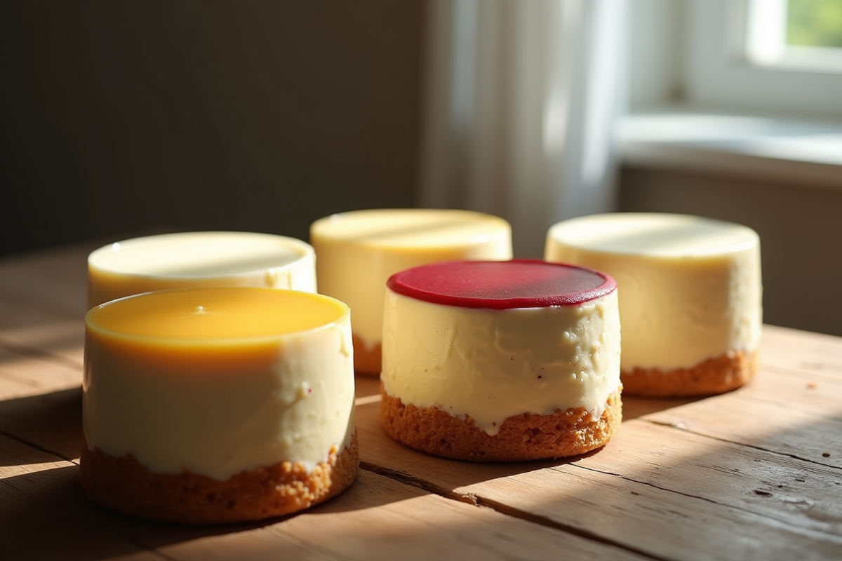 Cinq gâteaux à la crème artistiquement disposés sur une table en bois