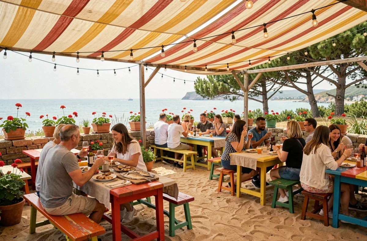 Terrasse animée de la Guinguette Chez Lulu à Erquy, tables colorées en plein air, convives partageant poisson grillé et rosé avec vue sur la mer