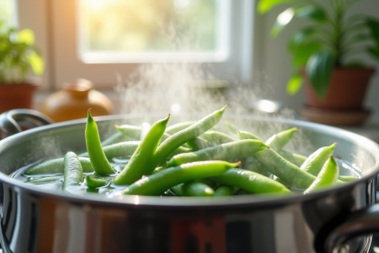 Haricots verts frais blanchis dans une cuisine lumineuse