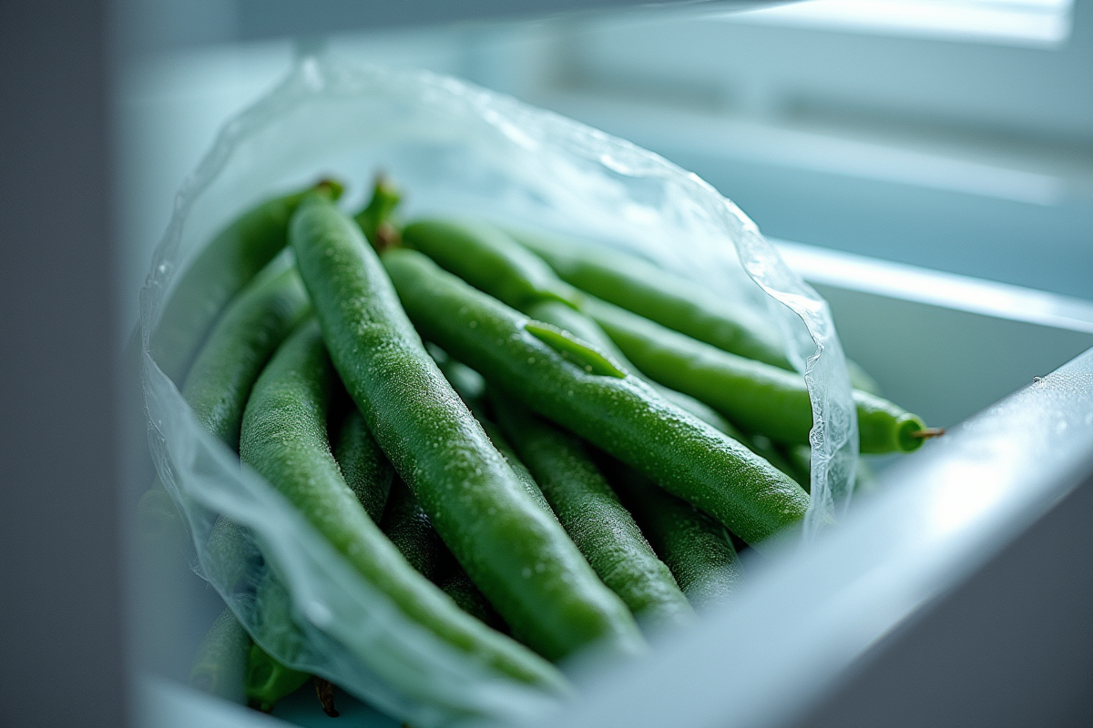Haricots verts congelés dans un sac dans le congélateur