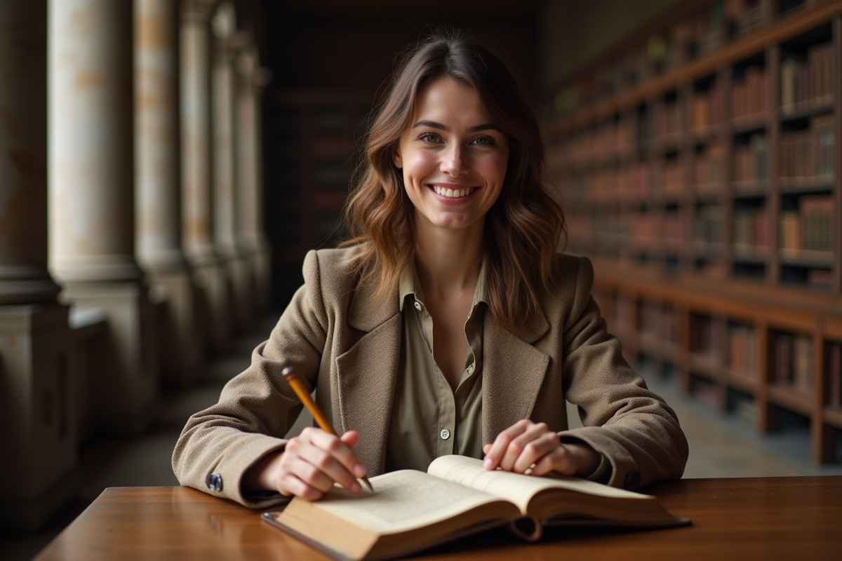 Jeune historienne feuilletant un vieux livre de cuisine dans une bibliothèque