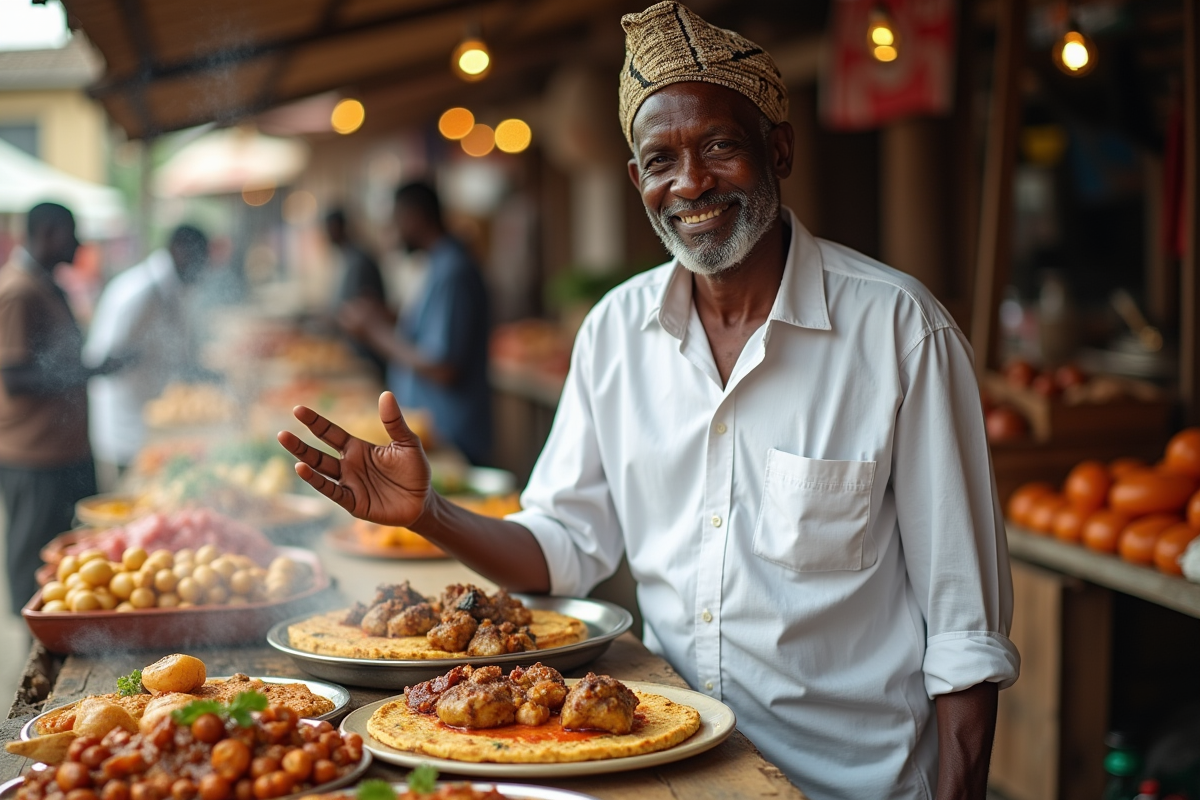 Homme africain dans un marché avec plats traditionnels