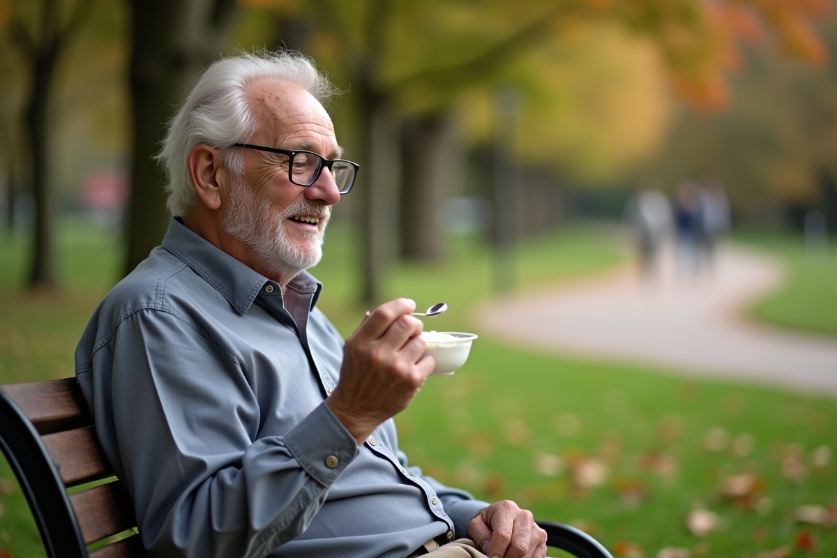Homme âgé mangeant un yaourt sur un banc de parc