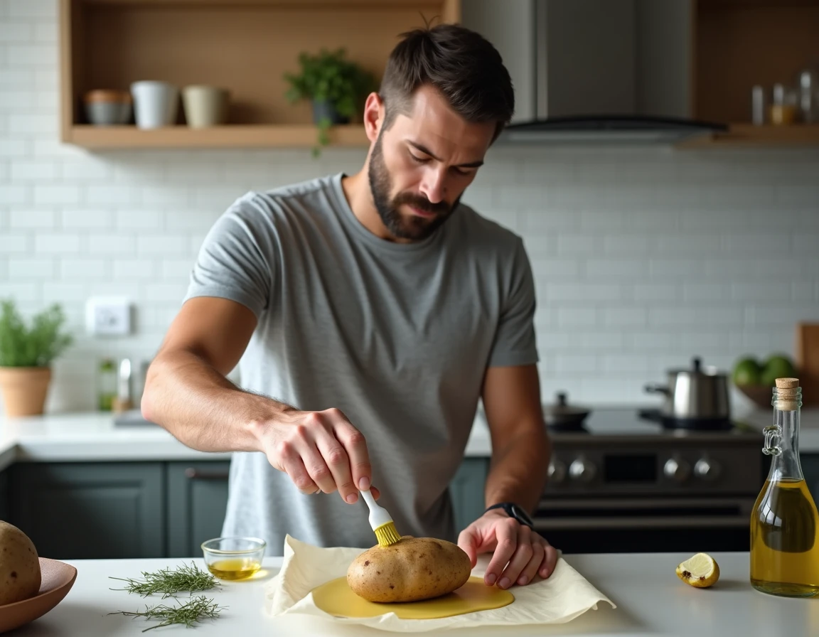 Homme badigeonnant une pomme de terre d'huile d'olive avec un pinceau en cuisine moderne pour une cuisson au four saine