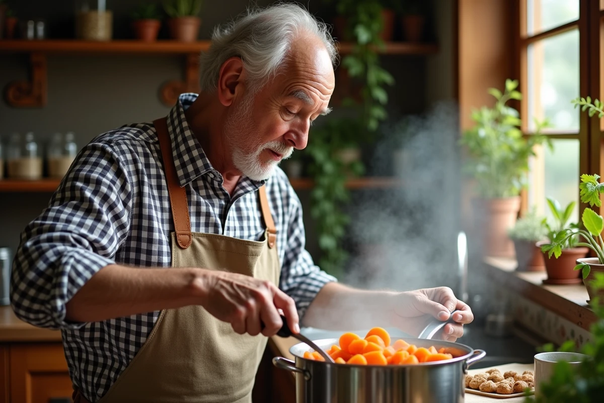 Homme âgé cuisinant avec carottes dans une cuisine rustique