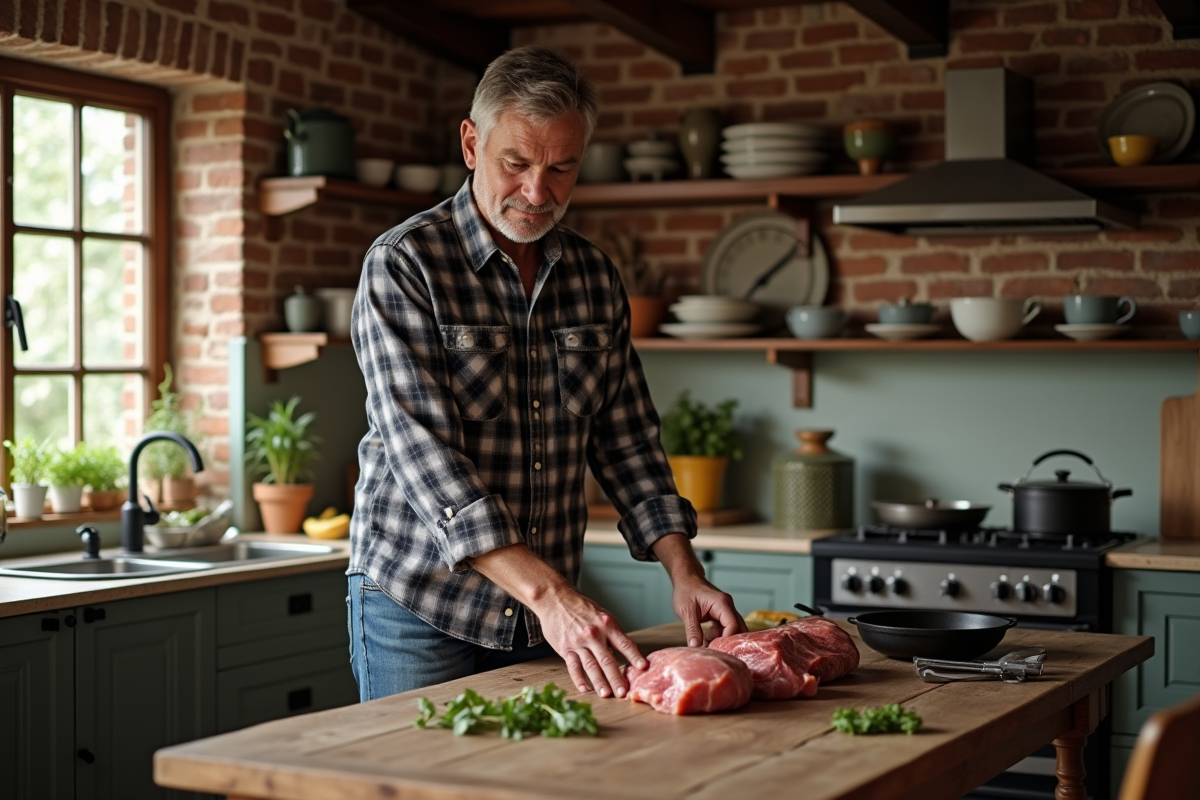 Homme en cuisine rustique avec viande et herbes