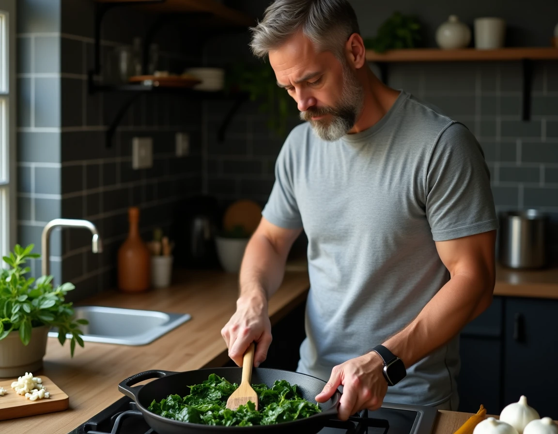 Homme faisant revenir des épinards dans une poêle en fonte sur une cuisinière, cuisine urbaine moderne